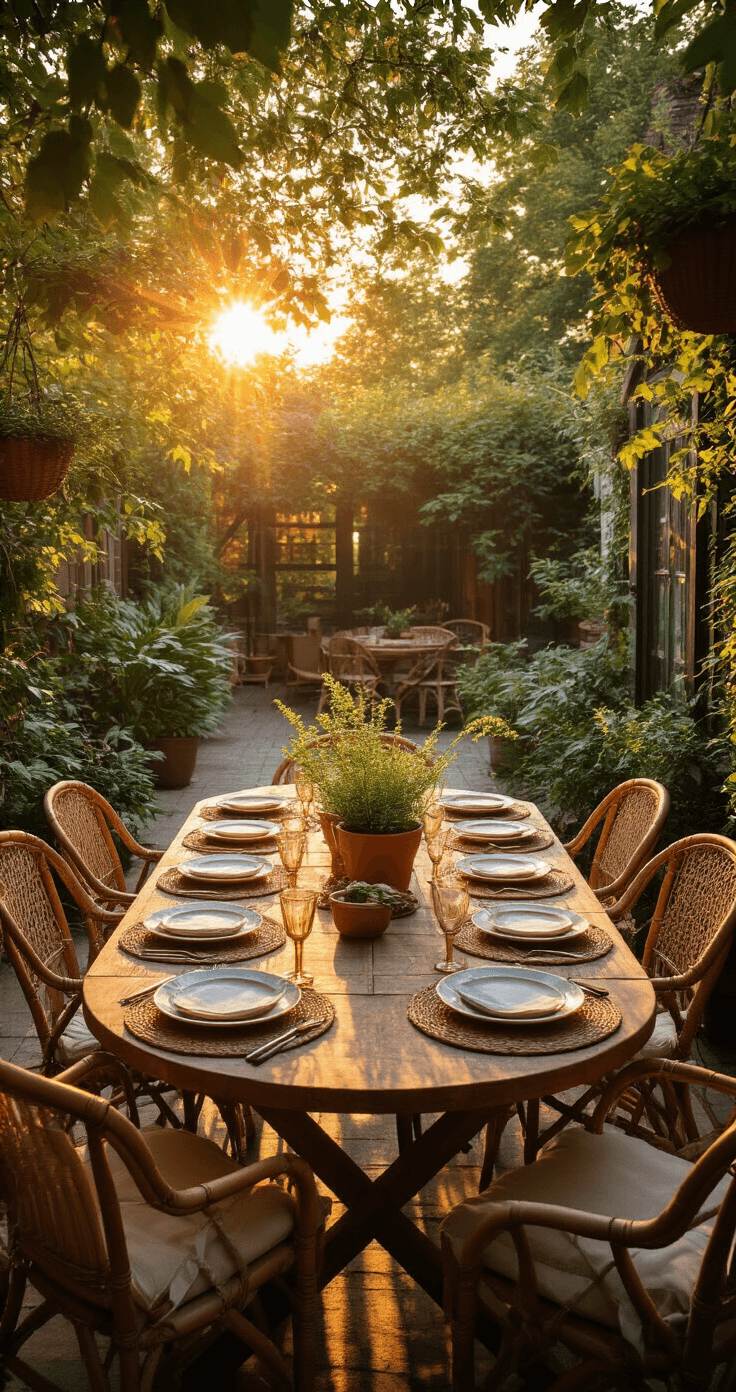 Intieme eethoek met erker tijdens gouden uurtje, robuuste houten tafel met rotan stoelen en crèmekleurige kussens, decoratief met varens en bamboe rolgordijn, handgeweven linnen loper en terracotta potjes met kruiden.