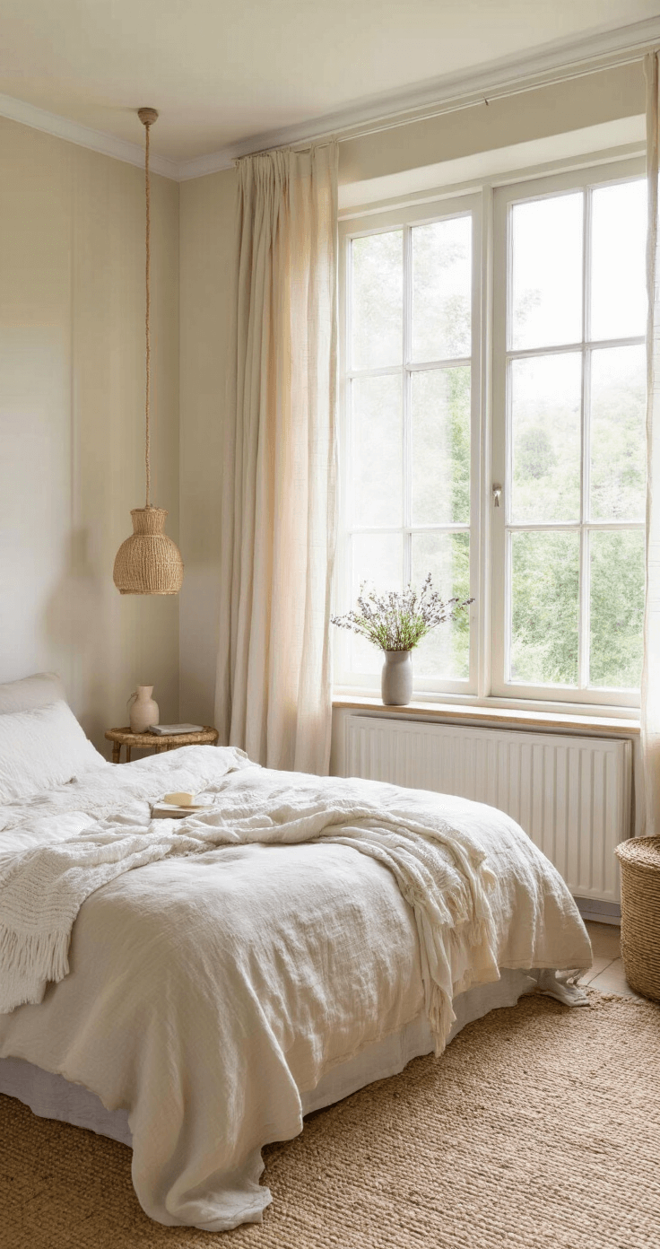 Serene slaapkamer in zachte pasteltinten met een bed met natuurlijk linnen hoofdbord en zachtgeel lichtblauw bedlinnen, grote ramen met vloeiende linnen gordijnen, rotan nachtkastjes en lavendelkleurige vaasjes met verse bloemen, en een jute vloerkleed.