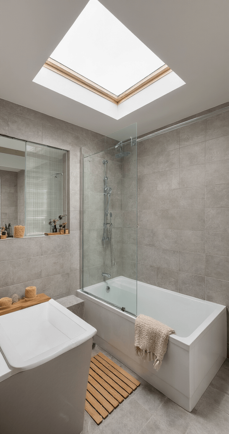 Moderne badkamer van 3x4m met matglazen dakraam, lichtgrijze tegels, vrijstaand wit bad met houten plank en eucalyptustakken. Grote wandspiegel en glazen diffuser voor citrusgeur. Sfeer is spa-achtig en verfijnd.