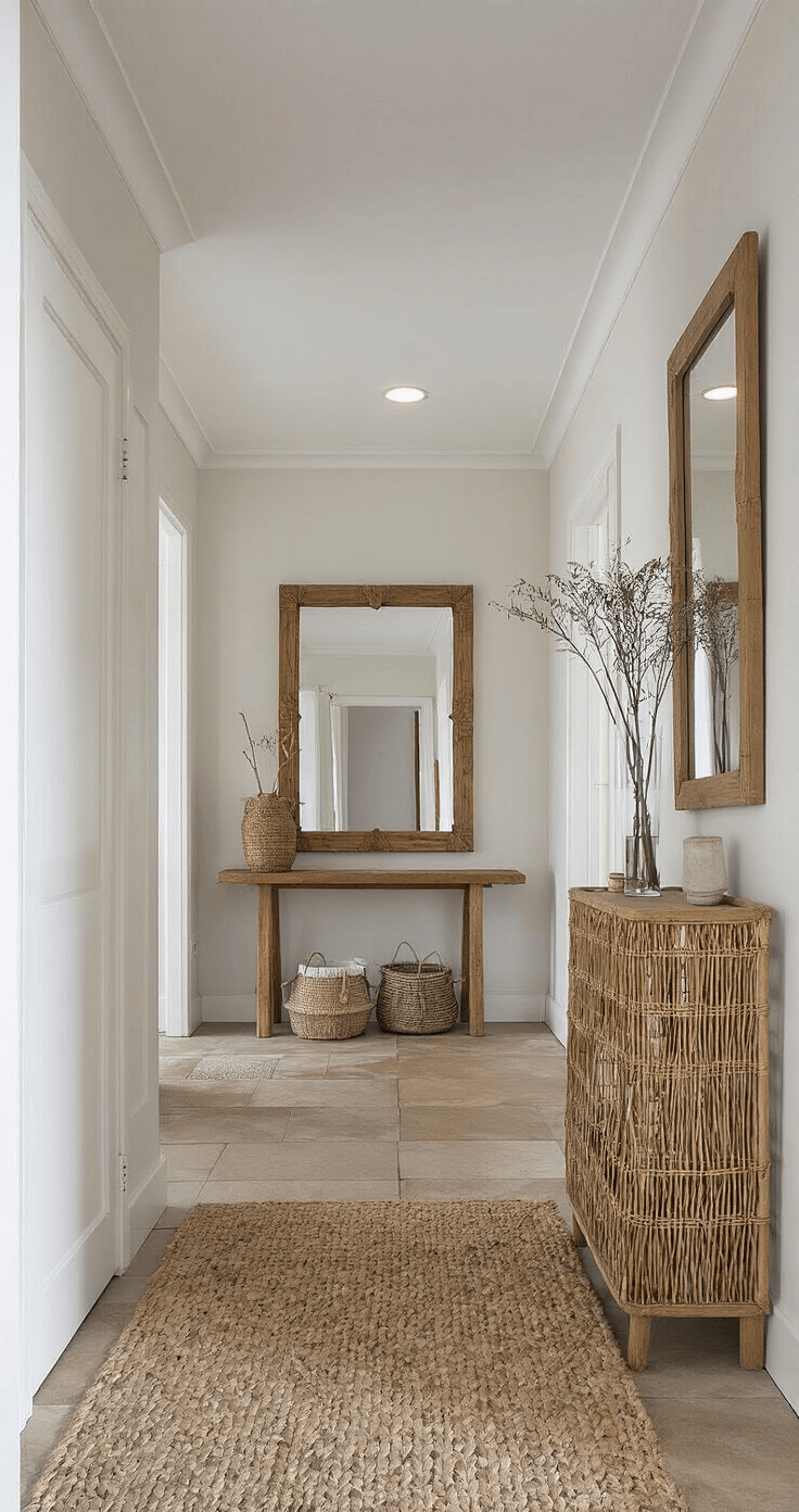 Entree met hoog plafond en authentieke details, waaronder een grote wandspiegel in een houten lijst, een rotan mand voor schoenen, en sierlijke takken in een hoge glazen vaas. De natuurstenen vloer is bedekt met een handgeweven loper en er valt diffuus licht binnen via een bovenlicht, wat een verwelkomende en lichte sfeer creëert.