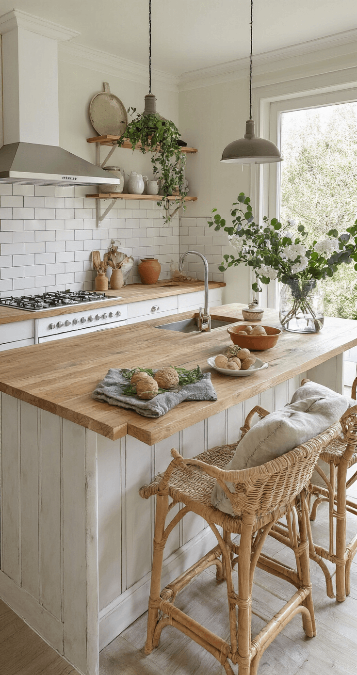 Open keuken met kookeiland in de ochtendzon, houten werkblad met terracotta potten met verse kruiden, rotan barkrukken met linnen kussens, glazen vaas met eucalyptustakken en witte bloemen, en open planken met natuurlijke keramiek. Drie-kwart bovenaanzicht van het eiland, sfeer is fris en levendig.