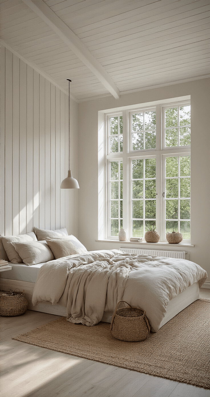 Ruime slaapkamer met hoge wandplanken, grote ramen en ochtendlicht. Minimalistische witte planken met beige opbergdozen en groen-grijze manden boven het raam. Centrisch crèmekleurig bed met linnen beddengoed, natuurlijke en rustige Scandinavische sfeer.