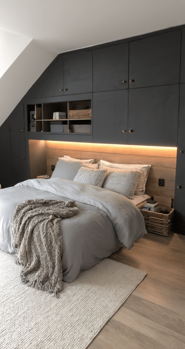 Intieme slaapkamer met slim verborgen opbergruimte achter een kingsize bed, avondlicht door kleine ramen, donkergrijze hoofdeindwand met ingebouwde plank van warm eikenhout, subtiele LED-verlichting, matzwarte opbergboxen en koperen accessoires, dramatisch tegenlicht vanuit een lage camerahoek.