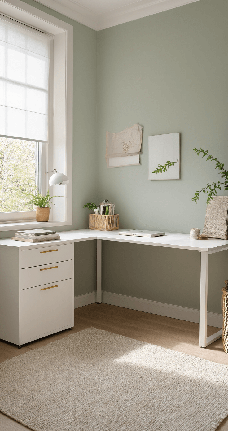 Multifunctionele werkruimte van 3x3m met wit bureau-dressoir combinatie, marmeren bureaublad en gouden handgrepen, verlicht door middaglicht. Zachtgroene accentmuur en georganiseerde werkplek met bamboe opbergbakjes, vastgelegd vanuit een 45 graden hoek in soft focus.