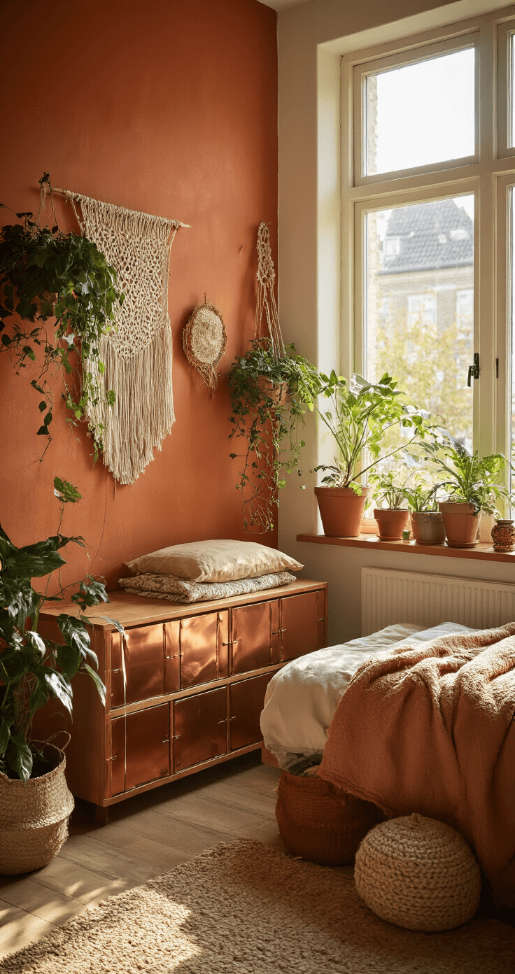Gezellige slaapkamerhoek met vintage opbergoplossingen, warme namiddagzon door getint glas, koperen wandrekjes met planten en linnen opbergzakken, terracotta muur met macramé wanddecoratie, camera vanuit hoek met bokeh-effect voor een bohemian vintage sfeer.