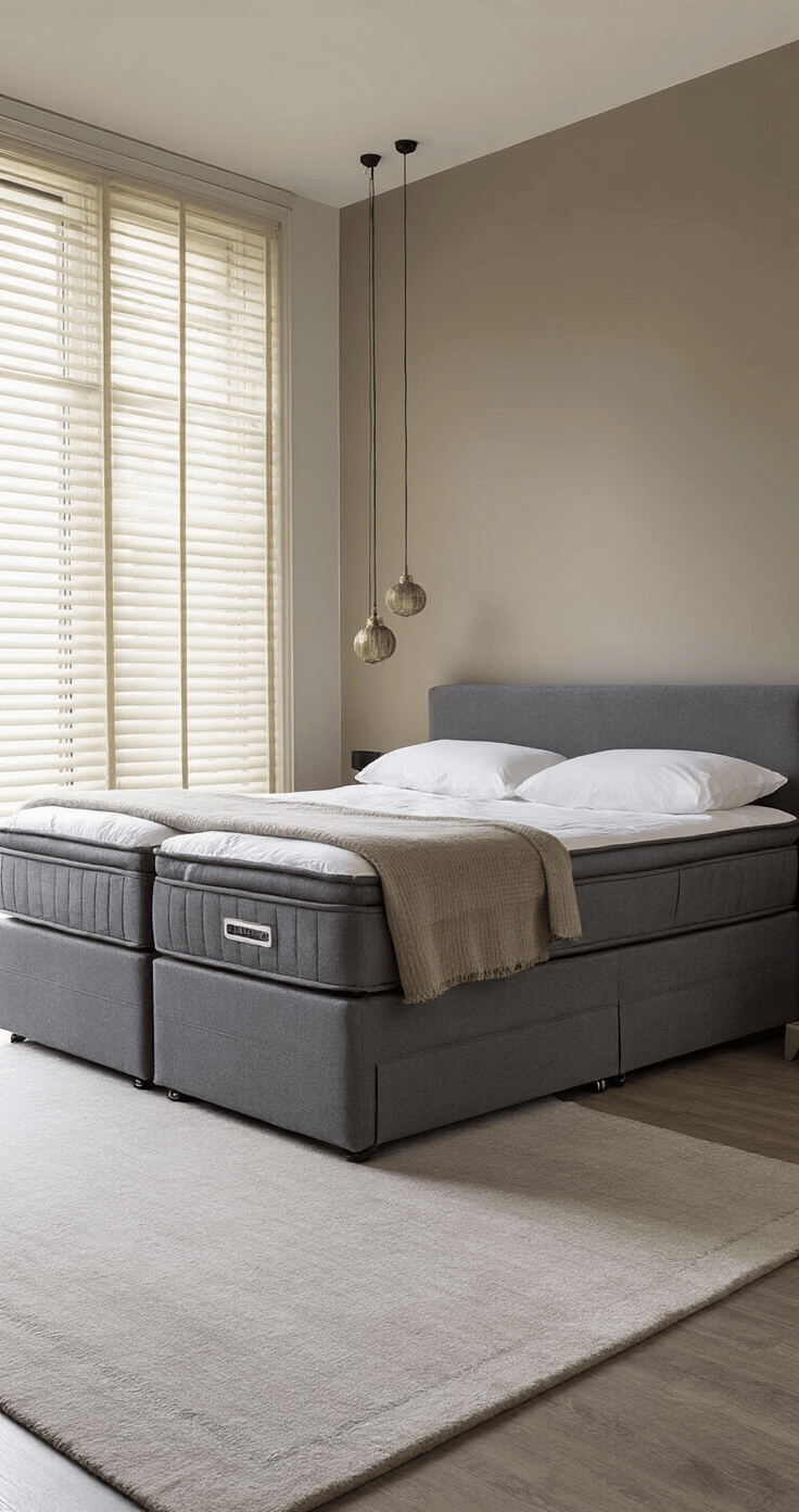 Moderne boxspring slaapkamer met antraciet bedframe en slimme opberging, beige opbergboxen op wieltjes, en grijsblauw vloerkleed, met ochtendzon door vouwgordijnen.