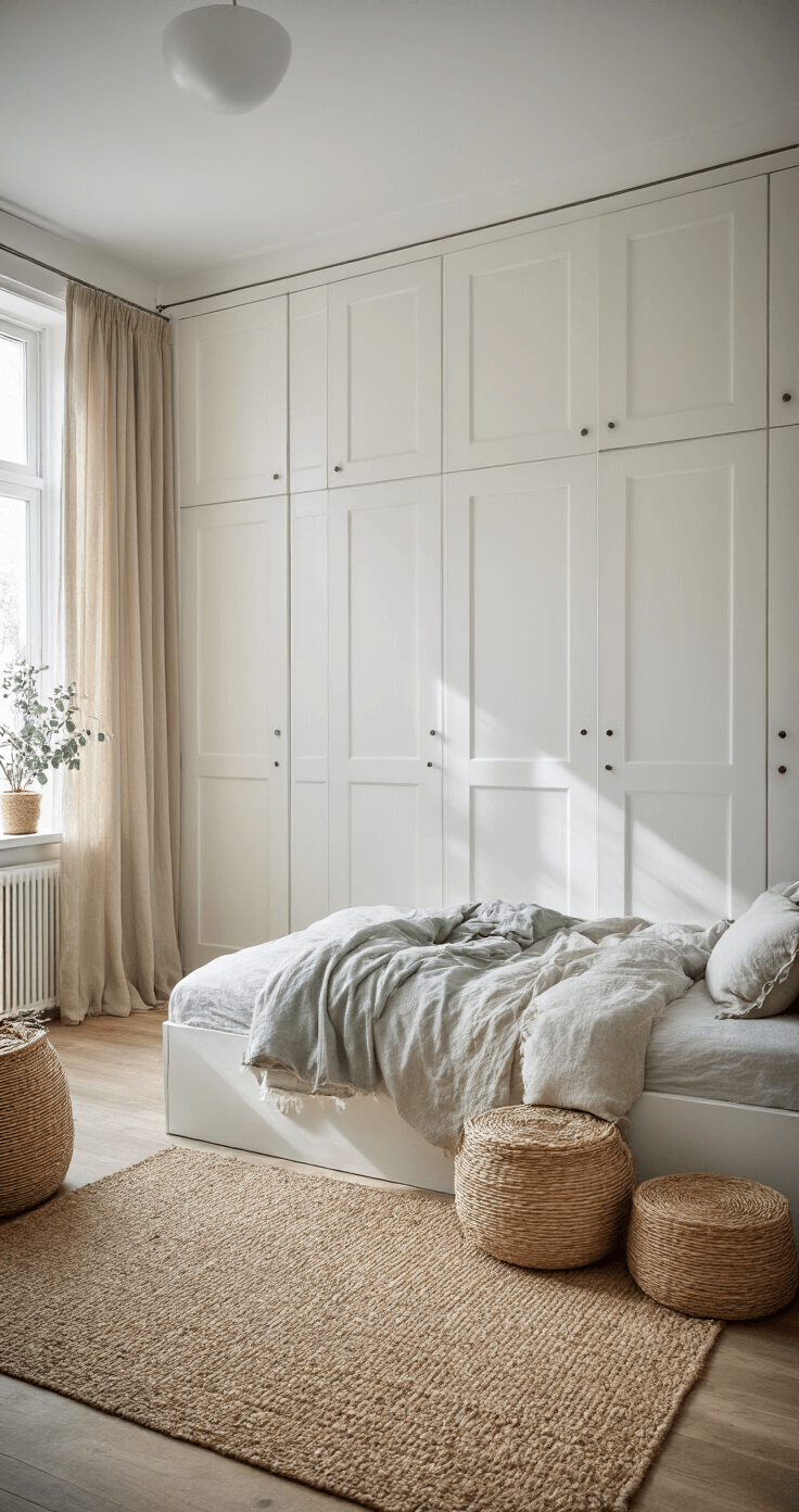 Lichte slaapkamer met een open kastensysteem van wit metaal en houten planken, gevuld met gevouwen textiel in zachte tinten en rieten manden, verlicht door diffuus middaglicht door translucente gordijnen, met eucalyptustakken als accent.