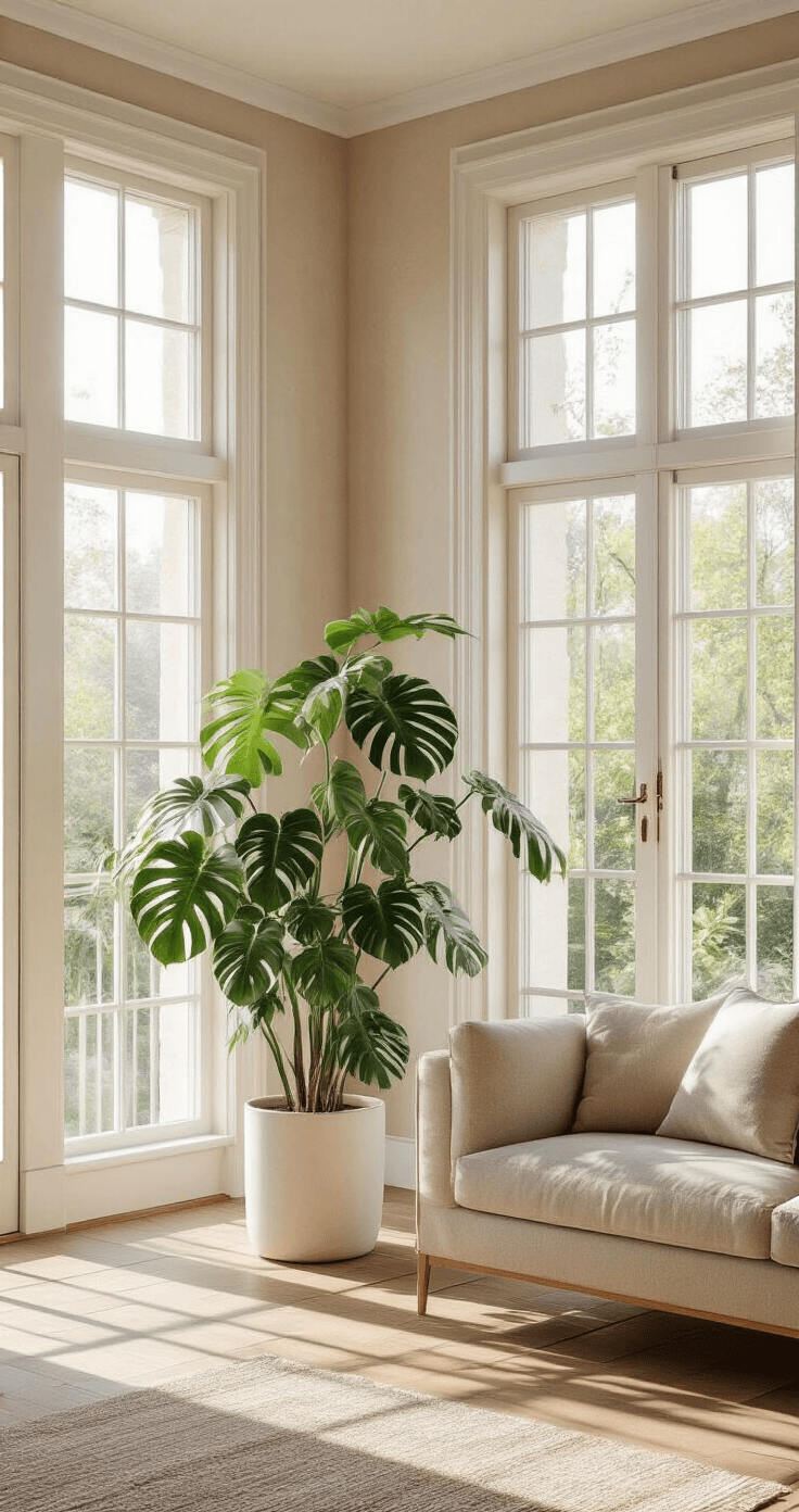 Ruime, lichte woonkamer met grote raampartijen en ochtendlicht. In de hoek een elegante messing plantenstandaard met een Monstera in een witte pot. Zandkleurige muren en eikenhouten vloer, met zachte natuurlijke belichting en schaduwen. Minimalistische en serene sfeer.