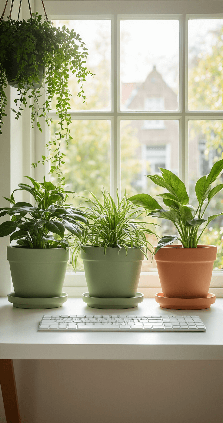 Intieme Scandinavische thuiswerkplek met een wit bureau, drie plantenpotten op houten poten in sage-groen en terracotta tinten, en zachte diffuse middaglicht.