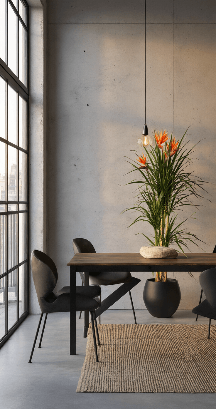 Moderne eetkamer met een zwarte plantenstandaard en Strelitzia plant als focal point, een donker notenhouten eettafel met zwarte stoelen, tegen een betonlook muur tijdens golden hour.
