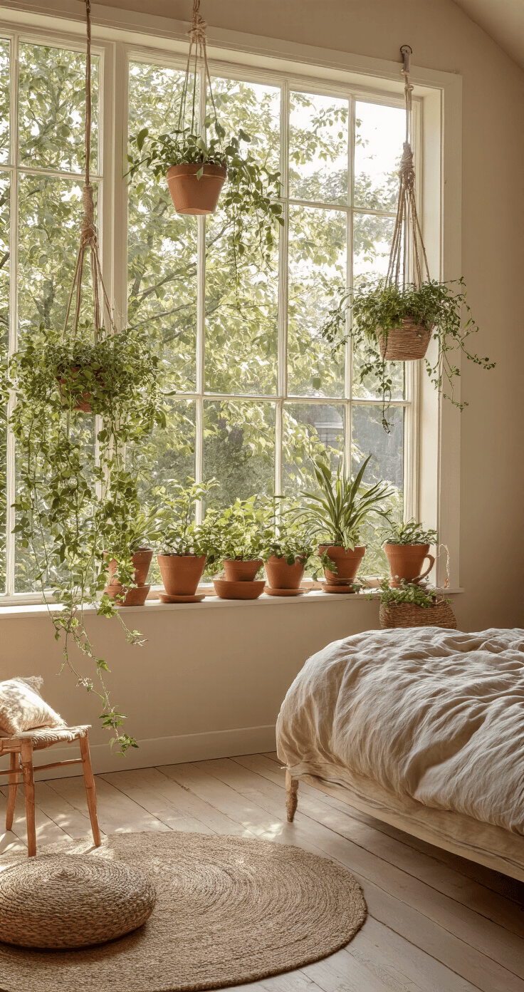 Gezellige slaapkamer in schemering met linnen beddengoed in natuurtinten, rotan accessoires en een cluster van drie messing plantenpoten met terracotta potten vol hangplanten naast het bed, gefotografeerd vanuit een lage hoek voor een intieme en knusse sfeer met warm indirect licht.