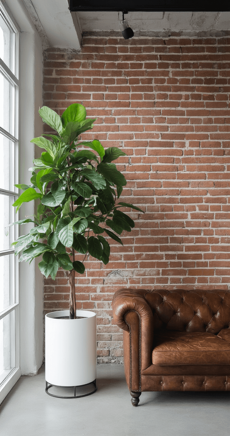 Industriële loft entree met hoog plafond, minimalistische witte pot op zwarte stalen poten met een grote Ficus naast een vintage leren bank, tegen een bakstenen muur, gefotografeerd vanuit vogelperspectief met spotverlichting.