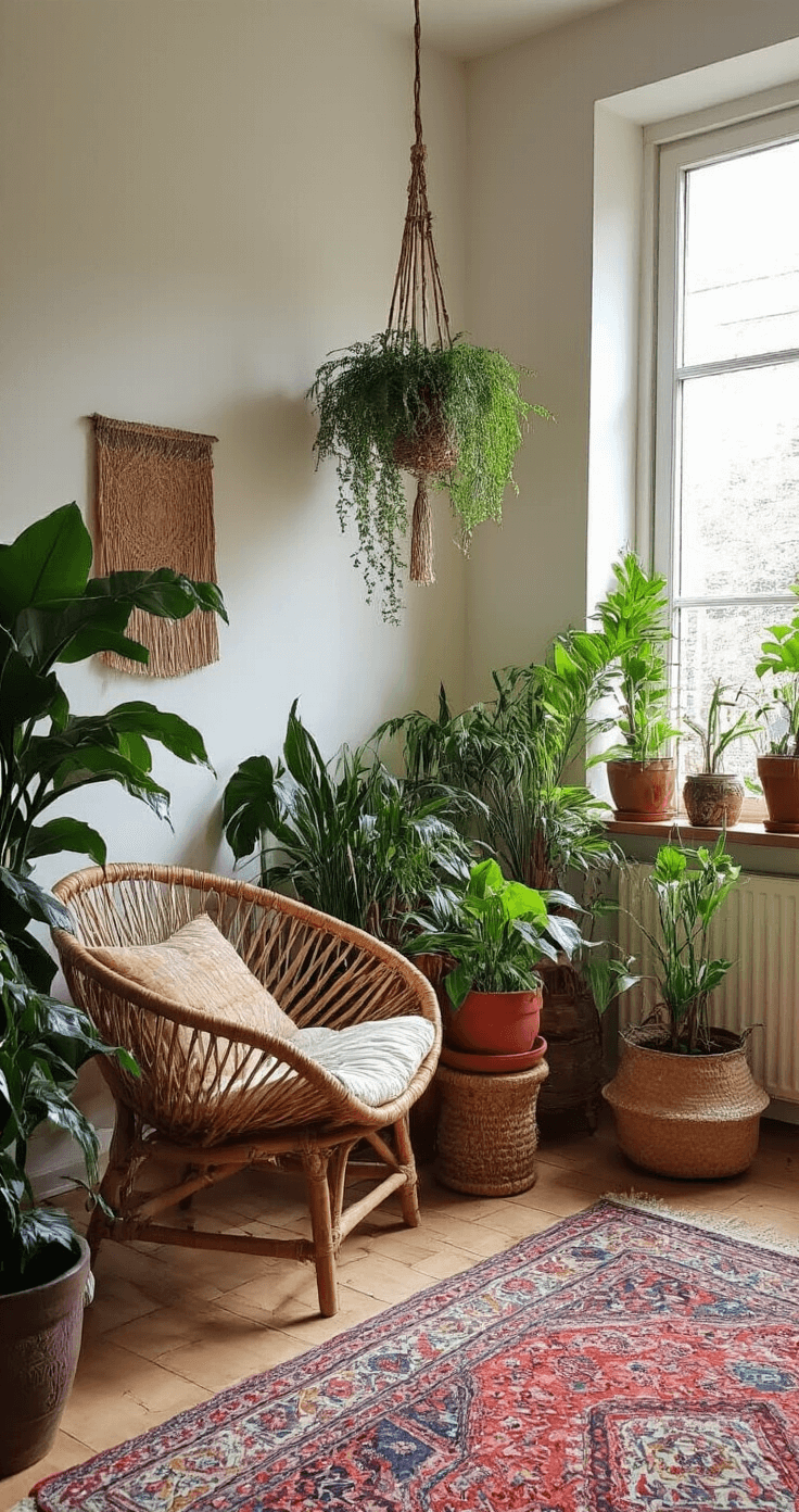 Bohemian woonkamer met handgemaakte potten op bamboe poten, diverse vetplanten, een kleurrijk Perzisch tapijt en een rieten hangstoel, verlicht door natuurlijk namiddaglicht en met zachte bokeh.