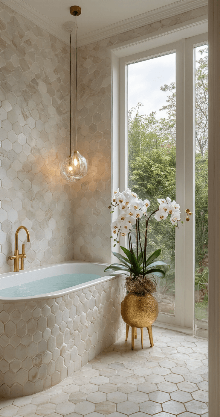 Luxe badkamer met ochtendlicht, elegante marmeren pot op gouden poten met tropische orchidee, vrijstaand bad, hexagon tegels in wit en goud, design hanglamp, dramatische compositie met natuurlijk licht en spots.