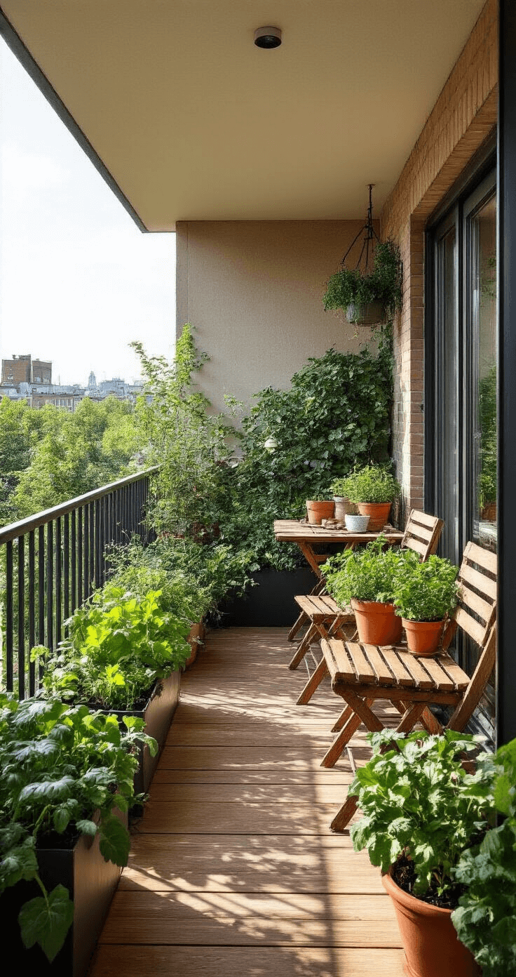 Een zonnig balkon met industriële plantenbakken vol kruiden en groenten, vintage houten tuinmeubels en terracotta potten met radijsjes, gefotografeerd in warm, natuurlijk licht tijdens het gouden uurtje.