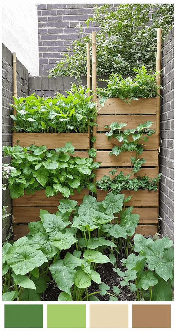 Compacte stadstuin met verticale moestuinwand en geïntegreerd irrigatiesysteem, vol met snijbiet en bieslook in gestapelde plantenbakken. Bamboe klimrekjes met jonge erwtenplanten, gefotografeerd vanuit laag perspectief in namiddaglicht, met een kleurenpalet van diep groen, bamboebeige en grijze steentinten.