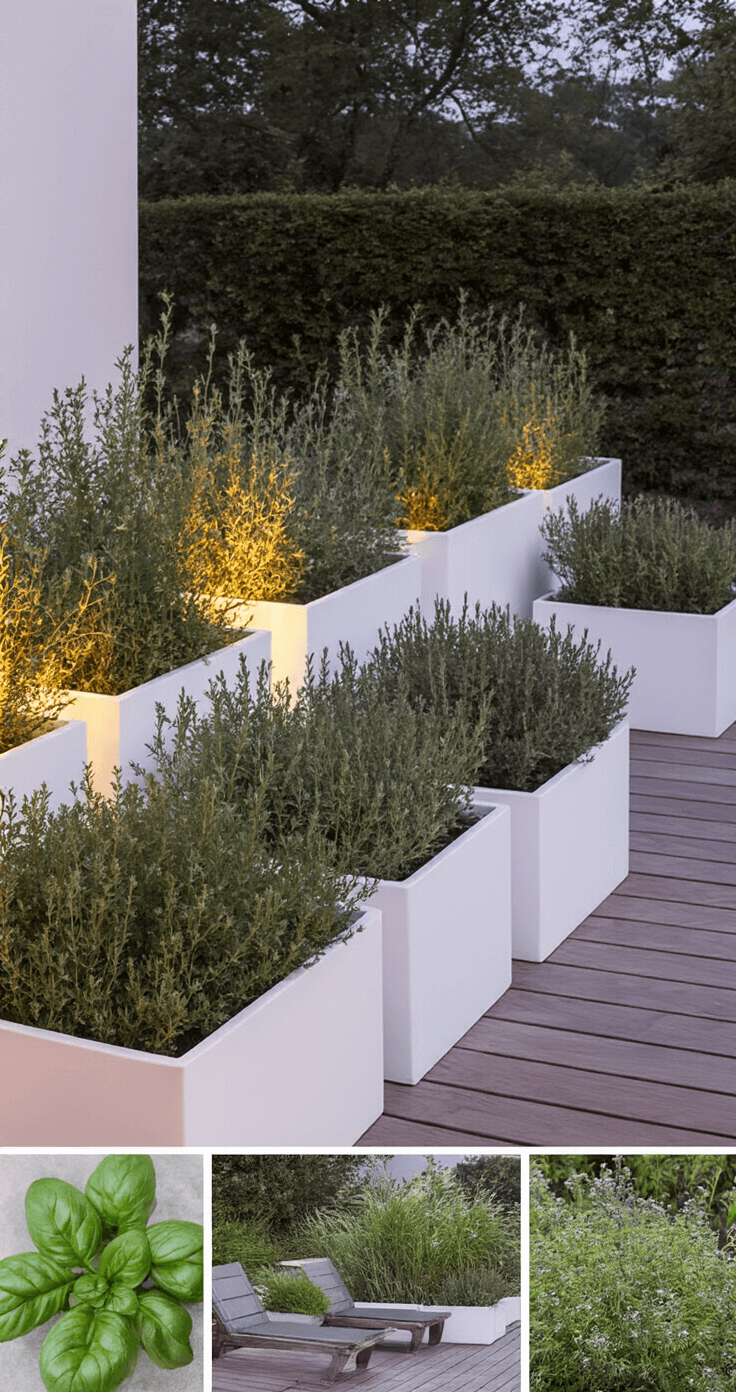 Een beschutte patio met moderne witte plantenbakken op wieltjes gevuld met mediterrane kruiden, verlicht door subtiele tuinverlichting. De houten vlonder en minimalistische tuinmeubels voegen warmte toe aan de avond. Close-up van aromatische kruiden met een kleurenpalet van warm wit, houtbruin en kruidengroen.