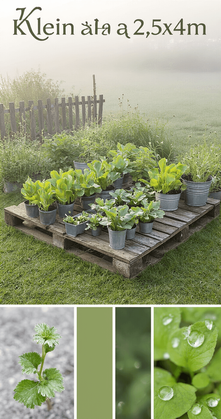 Klein terras in ochtendnevel met vintage zinkenlook plantenbakken op een robuuste houten stellage, jonge groenten in verschillende groeistadia en handgemaakte labels van natuurlijke materialen, macrofocus op dauwdruppels op de plantjes. Kleurenpalet van zilvergrijs, mosgroen en natuurlijk hout.