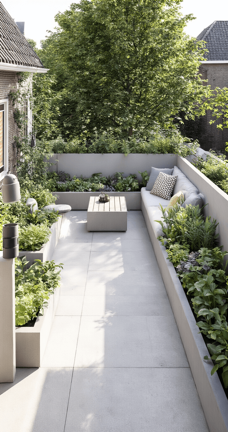 Moderne balkontuin van 2x6m in middaglicht met strakke betonlook plantenbakken, geometrische indeling en eetbare bloemen en bladgroenten, minimalistisch Scandinavisch meubilair, symmetrisch gepositioneerd op een driepoot, kleurenpalet van betongrijs, pasteltinten en heldergroen.