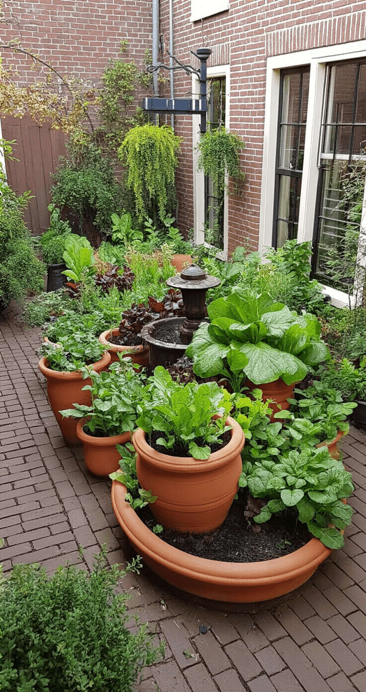 Knusse binnenplaats bij schemering met rustieke terracotta potten en een waterornament, omringd door traditionele groenten en moderne microgreens, sfeervol verlicht door lantaarns, vastgelegd met een fisheye lens in avondblauw en gemengd groen.