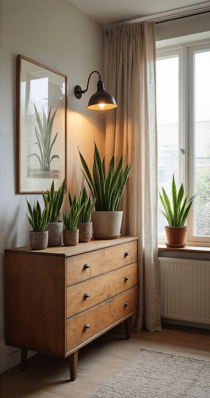 Moderne studeerkamer met sansevieria stekstation en vintage houten ladekast, warm licht van een industriële wandlamp, grote ramen met linnen gordijnen en een subtiele bokeh achtergrond.