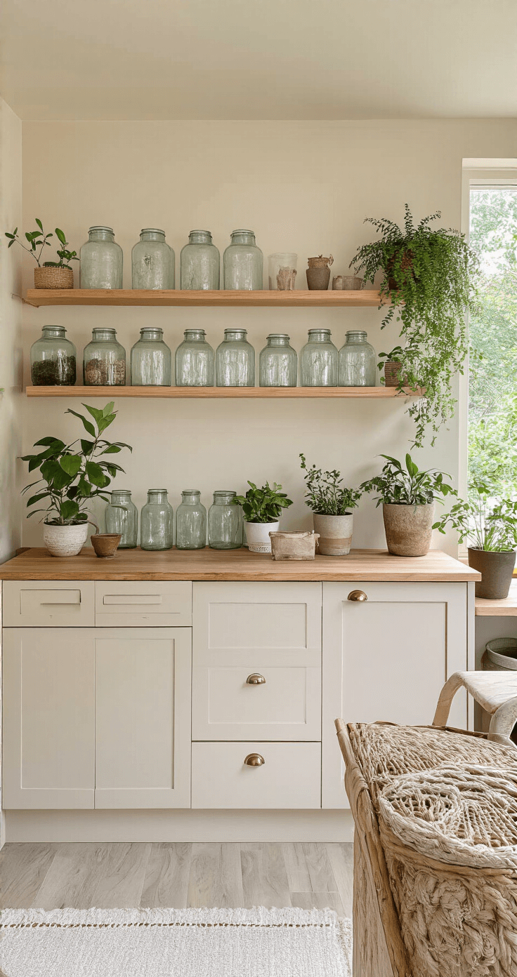 Botanische werkplek met houten werkbank, glazen potjes met waterstekjes op een koperen dienblad, natuurlijk ochtendlicht en minimalistische prints aan de muur.