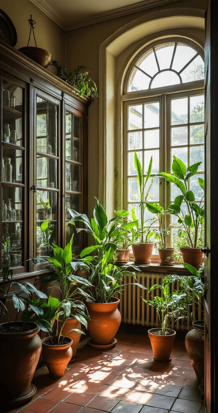 Vintage plantenhoek met sanseviera's in een karakteristieke erker, antieke apothekerskast met glazen potjes, verweerde terracotta potten en dramatisch tegenlicht.