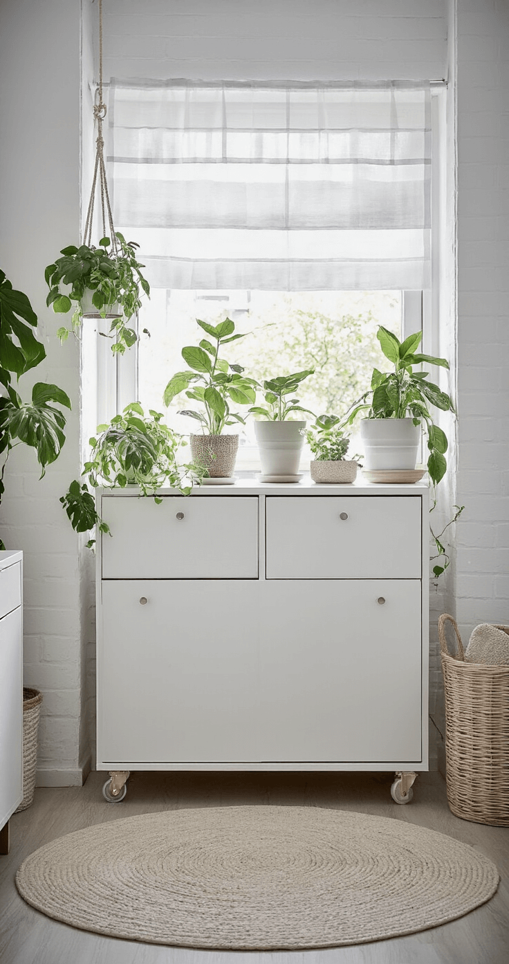 Minimalistische woonkamer met een witgeschilderde bakstenen muur en IKEA VITTSJÖ stellingkast vol mondgeblazen glazen vaasjes voor plantpropagatie, verlicht door ochtendzon door sheer gordijnen.