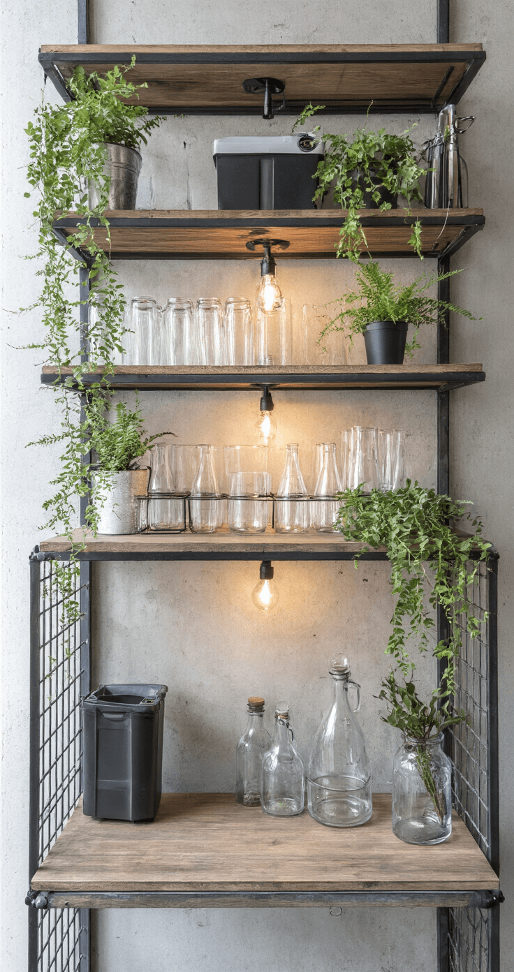 Compacte werkhoek in loft met industriële metalen rekken vol glazen bekers en reageerbuisjes, tegen een betonnen muur. Gerichte verlichting accentueert de texturen van het materiaal en de levendige groene stekjes.