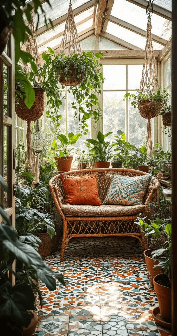 Bohemien plantpropagatie-display in een zonnige serre met mozaïek tegelvloer, macramé plantenhangers met glazen buisjes, een vintage rotan stoel met Marokkaans kussen, en gefilterd avondlicht door getint glas.