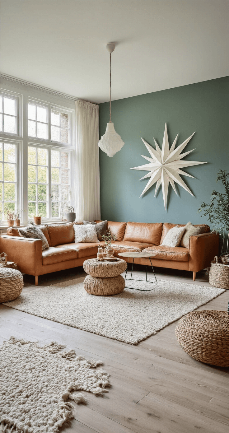Ruime lichte woonkamer met hoge ramen en ochtendzonlicht, centraal een witte kerstster tegen een vergrijsd groenblauwe muur, vintage cognackleurige leren bank, Scandinavische styling met berkenhouten bijzettafels en crèmekleurig vloerkleed.