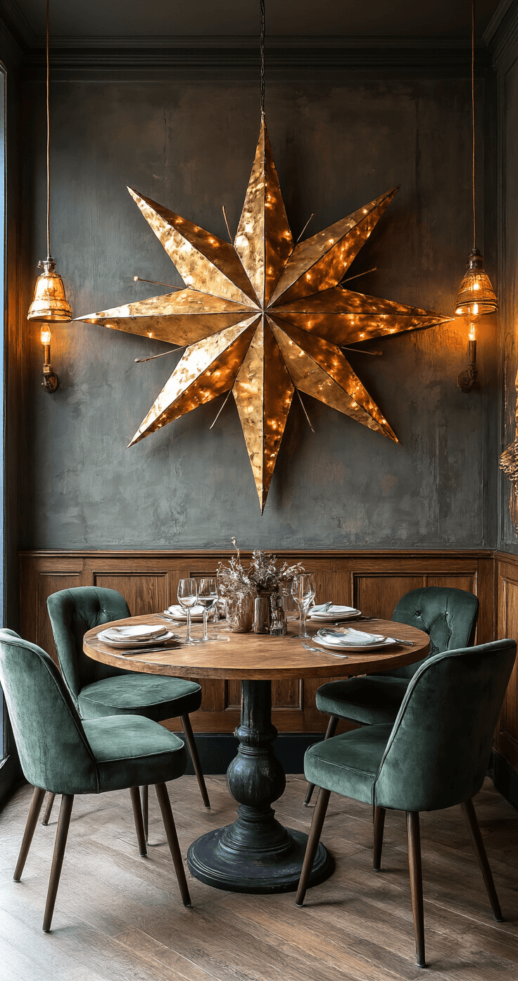 Intieme eetkamerhoek met warme wandspots, een XL kerstster van metallic goudkleurig behang boven een ronde eiken tafel, verlichte koperen hanglamp en donkergroene fluwelen vintage stoelen, gefotografeerd vanuit een diagonale hoek met dramatische belichting.