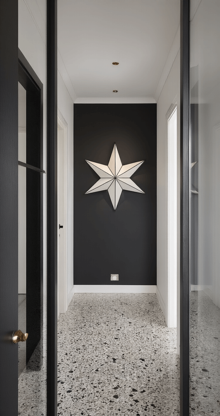 Moderne entreehal met strakke lijnen, hoog plafond en minimalistisch zwart-wit geometrisch behang. Zwart stalen kapstok en spiegel met messing details, op een terrazzovloer in grijstinten. Gezien vanuit een laag standpunt.