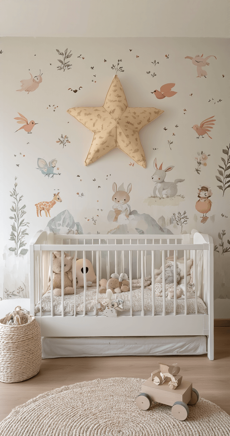 Knusse kinderkamer met een speelse XXL ster van dierenbehang boven een wit kinderbed, pastelkleurige accessoires en zachte texturen, met een botanische muurschildering op de naastliggende wand, gefotografeerd vanuit kinderooghoogte in dromerige middaglicht.