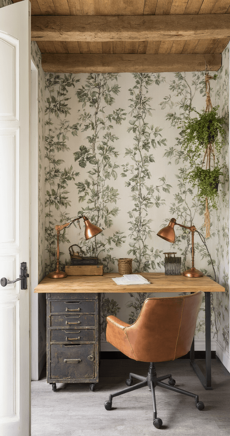 Rustieke thuiswerkplek met karakteristieke balkenplafond, vintage botanische behangster, industrieel bureau van verweerd hout en staal, koperen bureaulamp, leren bureaustoel en verticale plantenhangers, gefotografeerd vanuit de deuropening.