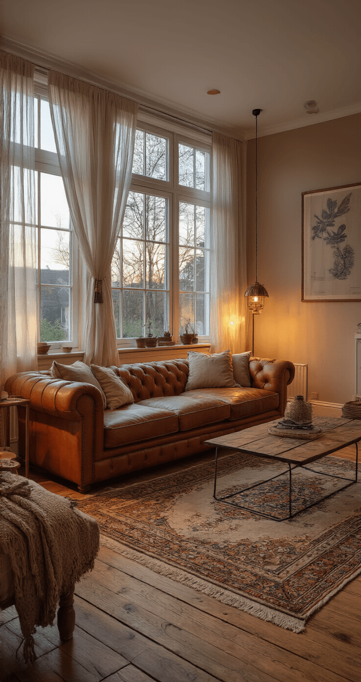 Ruime woonkamer bij zonsondergang met hoge ramen en sheer gordijnen, cognackleurige leren bank met linnen kussens, dimbare kristallen plafondlamp, messing vloerlamp, LED-strips, eikenhouten visgraatvloer en vintage Perzisch tapijt. Muren in warm greige.