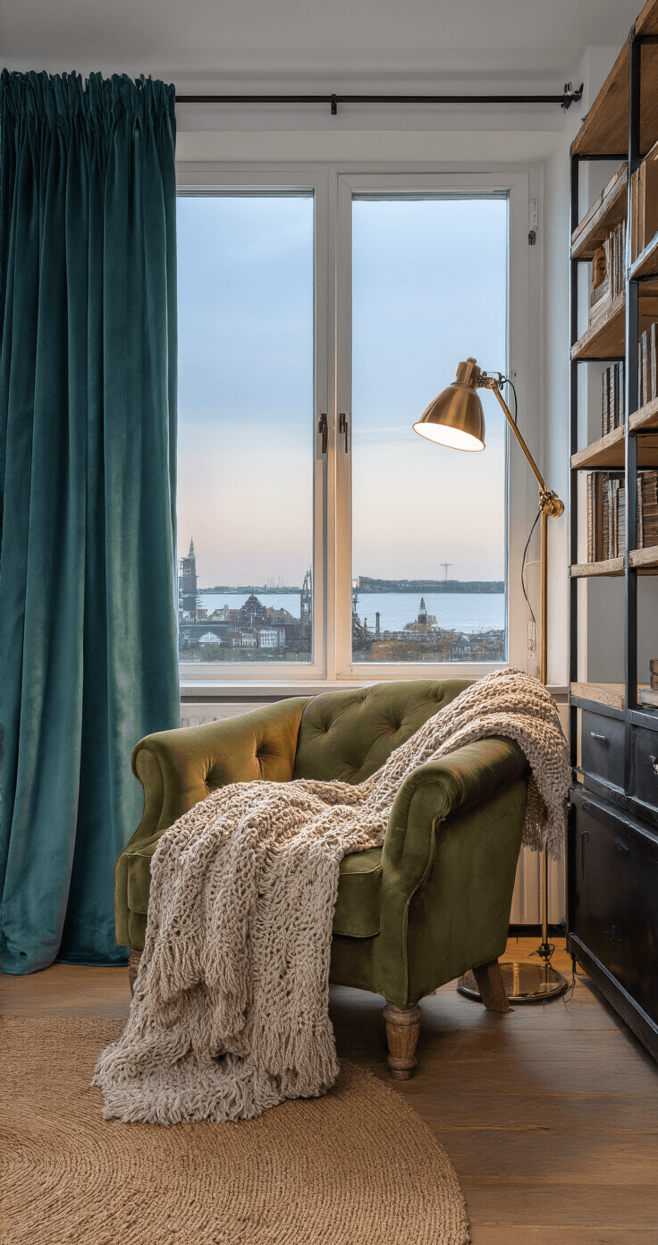 Intieme leeshoek met een vintage fauteuil in olijfgroen fluweel en een industrieel boekenkast. Zachte verlichting en velours gordijnen in petrol creëren een warme sfeer tijdens blue hour. Dramatisch perspectief vanuit lage positie.