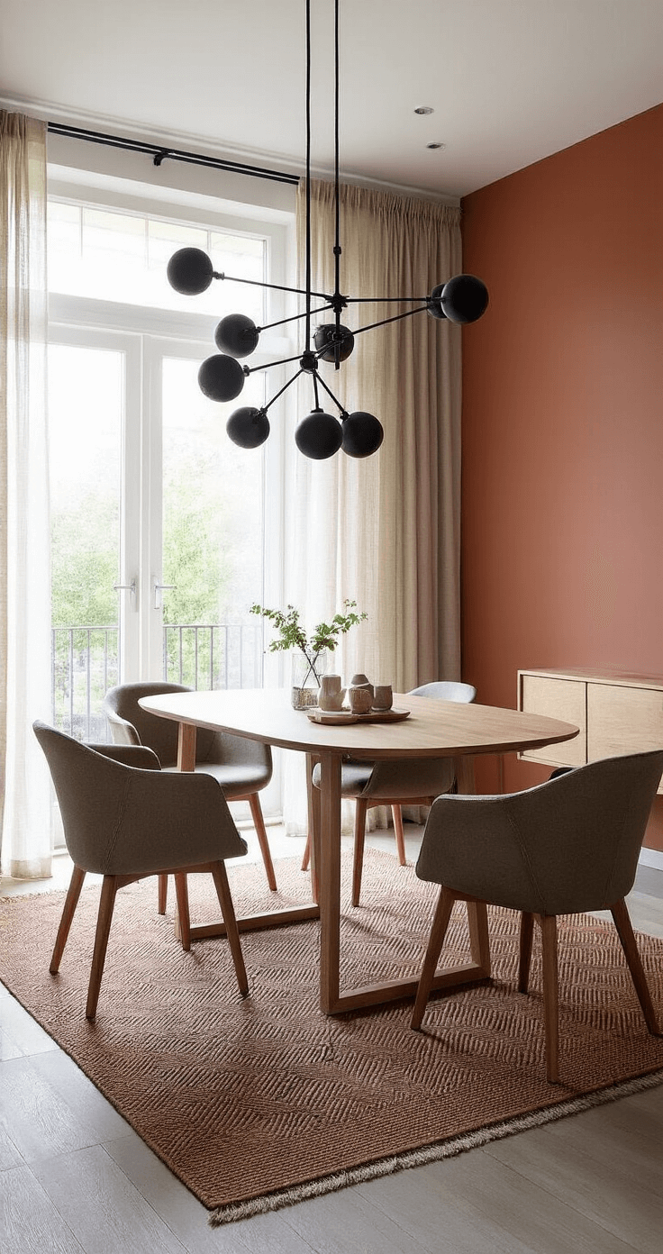 Moderne eetkamer met ovale notenhouten eettafel en design stoelen, glazen schuifpui met linnen gordijnen, terracotta muren en geometrisch kelim tapijt. Verhoogd standpunt met gedimde LED-hanglampen.