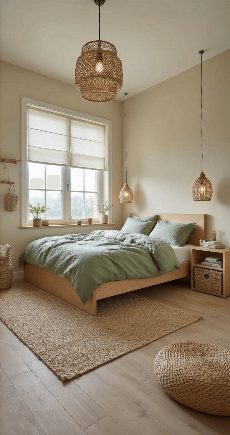 Scandinavische slaapkamer bij ochtendlicht met een platform bed in licht eiken en sage groen linnen beddengoed, verlicht door keramieke wandlampen en een rotan hanglamp, met warme crème kalkverf muren en een box-raam met lichte rolgordijnen.