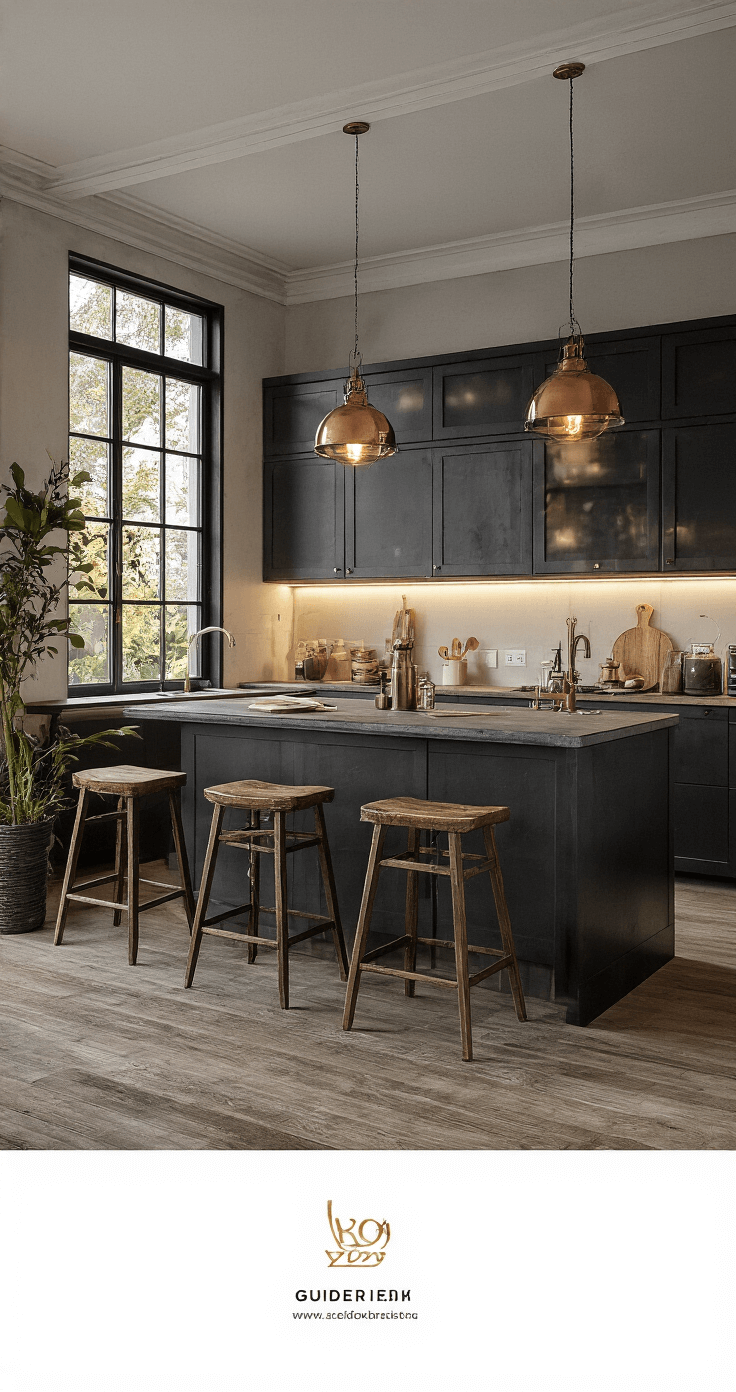 Industriële keuken met stalen kozijnen en factory windows, een gepolijst betoneiland met koperen hanglampen, zwarte hoogglans kasten met LED-verlichting, metrotegels in visgraat en vintage houten barkrukken, gefotografeerd tijdens het gouden uur vanuit werkbladhoogte.