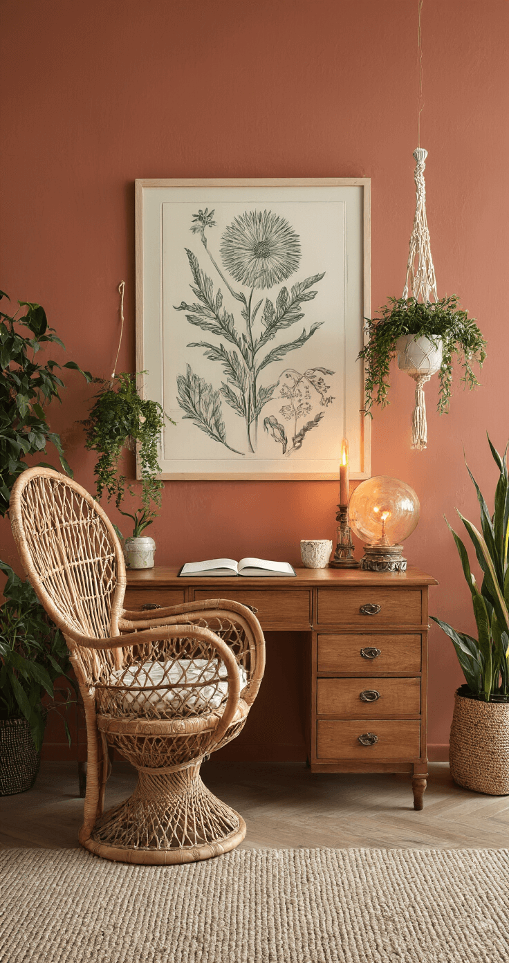Bohemian thuiskantoor met gietijzeren raamkozijnen, vintage teakhouten bureau, rotan Peacock chair, macramé wanddecoratie en hangende planten, in warm middaglicht.