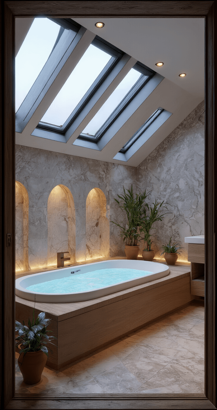 Luxe badkamer met vrijstaand ovaal bad onder dakraam, marmeren wandtegels en koperkleurige inbouwspots, eiken zwevend badmeubel met backlit spiegel, zeldzame planten in terracotta potten en bamboe accessoires, Venetiaans stucwerk in parelmoer, vastgelegd tijdens blue hour met lange sluitertijd en een mix van natuurlijk en indirect LED licht.