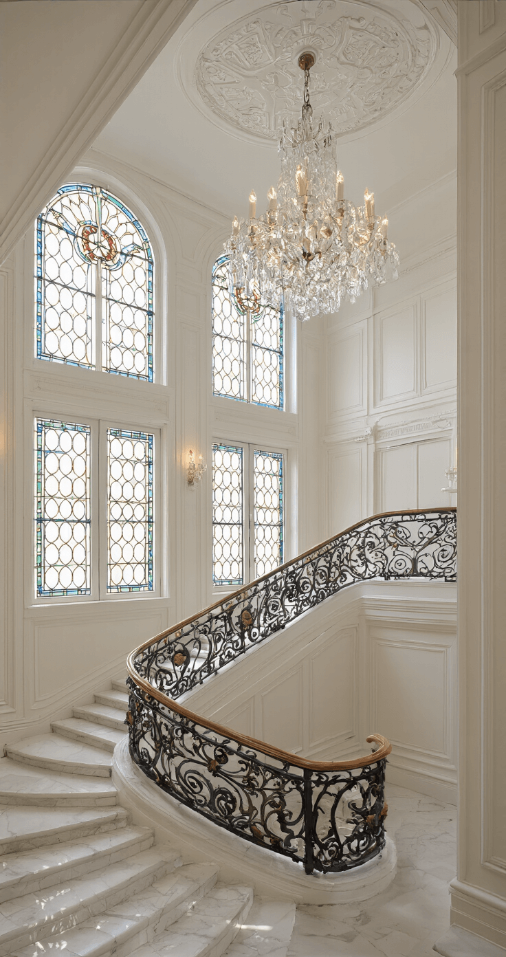 Luxe hal met dubbele hoogte, gevuld met middaglicht dat door het glas-in-lood valt. Gipsen sierlijsten met rococo details in roomwit, een prachtige crystal kroonluchter, marmeren zuilen en een Franse bordestrap met smeedijzeren leuning, alles vastgelegd vanuit een dramatisch laag standpunt met een groothoeklens.