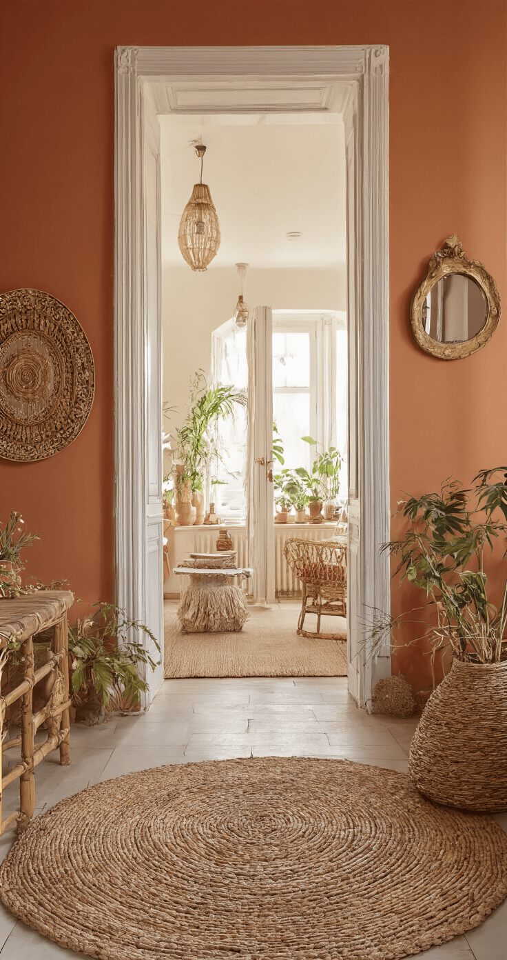 Bohemian hal met witte sierlijsten en gouden accenten, een Perzische loper en rotan wanddecoratie. Vintage spiegels in verschillende formaten zijn zichtbaar tegen de warme terracotta muren. Het beeld is genomen op ooghoogte met zacht diffuse licht.