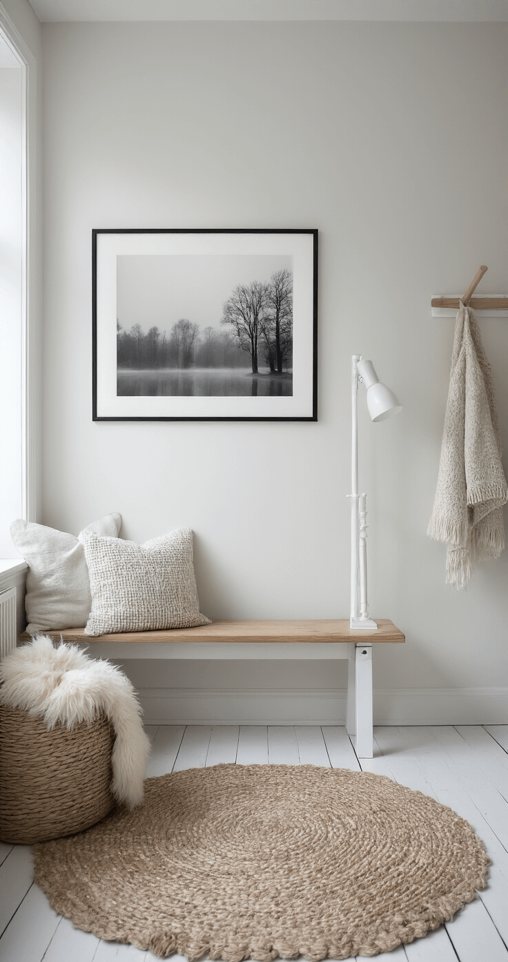 Minimalistische Scandinavische entree met lichte grijstinten, witte sierlijsten, een blank houten bankje en een witte kapstok. De visgraat eiken vloer en een wollige poef zorgen voor warmte. Aan de wand hangt zwart-witte fotografie. Het beeld is genomen vanuit een hoog camerastandpunt met natuurlijk noorderlicht.