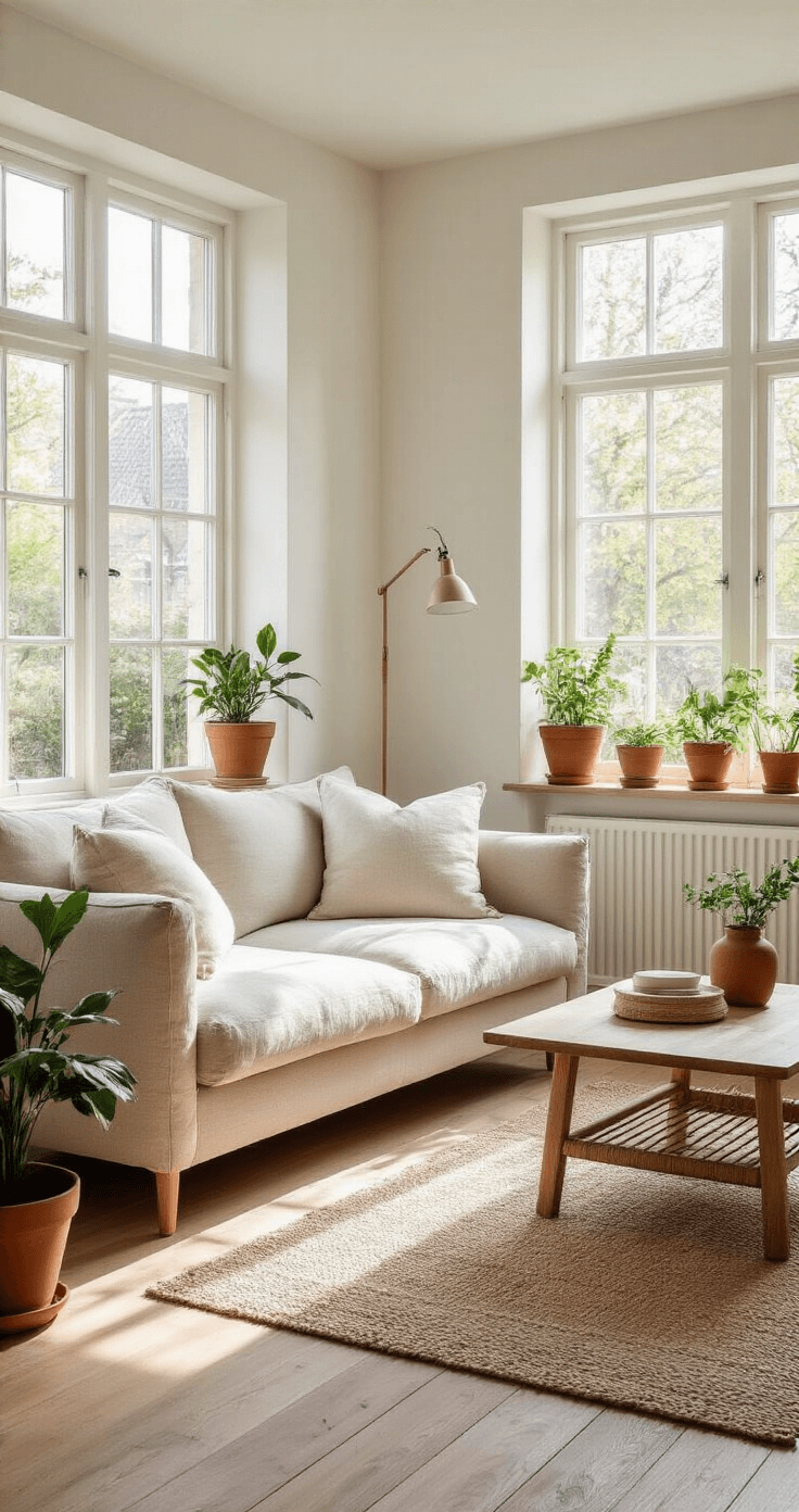 Lichte, minimalistische woonkamer met grote raampartijen en witte gestucte muren. Beige linnen hoekbank met natuurlijke kussens, groene planten in terracotta potten, en een massief eiken vloer. Scandinavische en botanische stijl met warme aardetinten.
