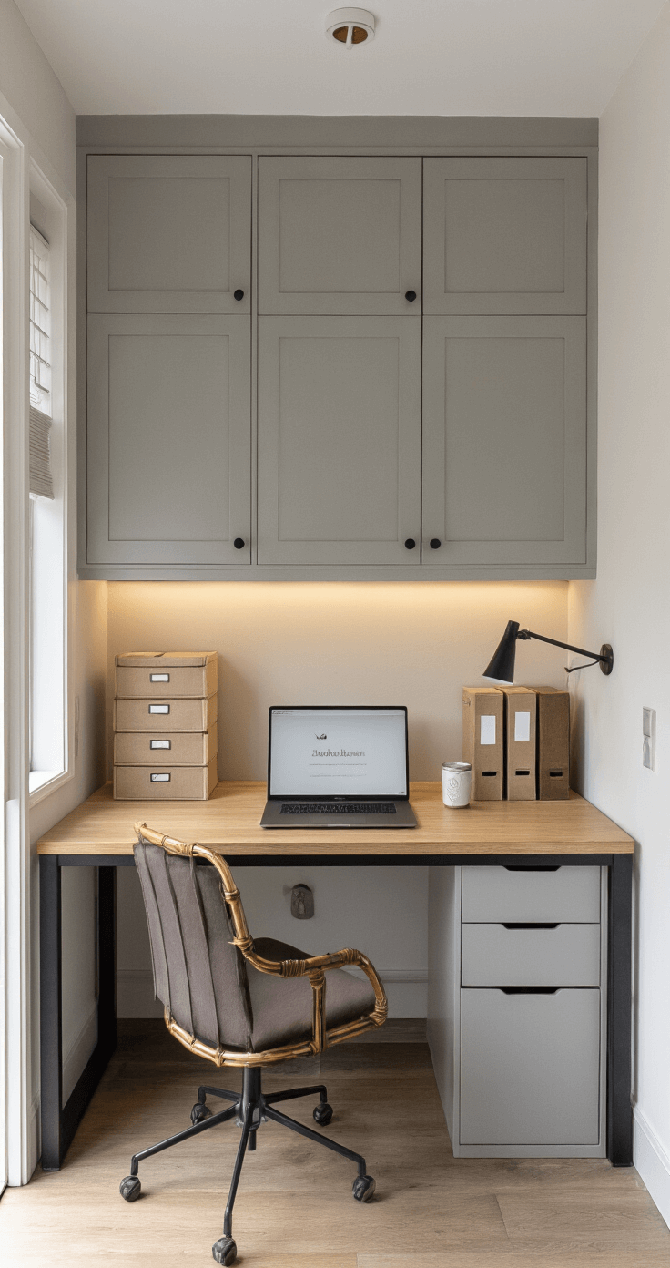 Compacte thuiskantoorhoek van 2x3m met maatwerk wandkast in zachtgrijs en bamboe details, ergonomisch bureau met zwart metalen frame en eikenblad, opbergsysteem met gelabelde linnen dozen, spotlight accentverlichting op werkblad, en een monochroom kleurenpalet met koperen accenten.