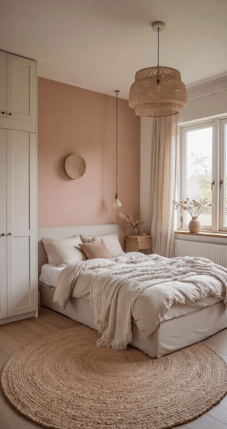 Rustgevende slaapkamer in avondsfeer met boxspring in natuurlijk linnen, inbouwkasten met riet-look deuren, zachtroze muurverf, vintage vloerkleed in verwassen pastels, lage camerahoek en diffuus licht door linnen gordijnen, bohemian-chic styling.