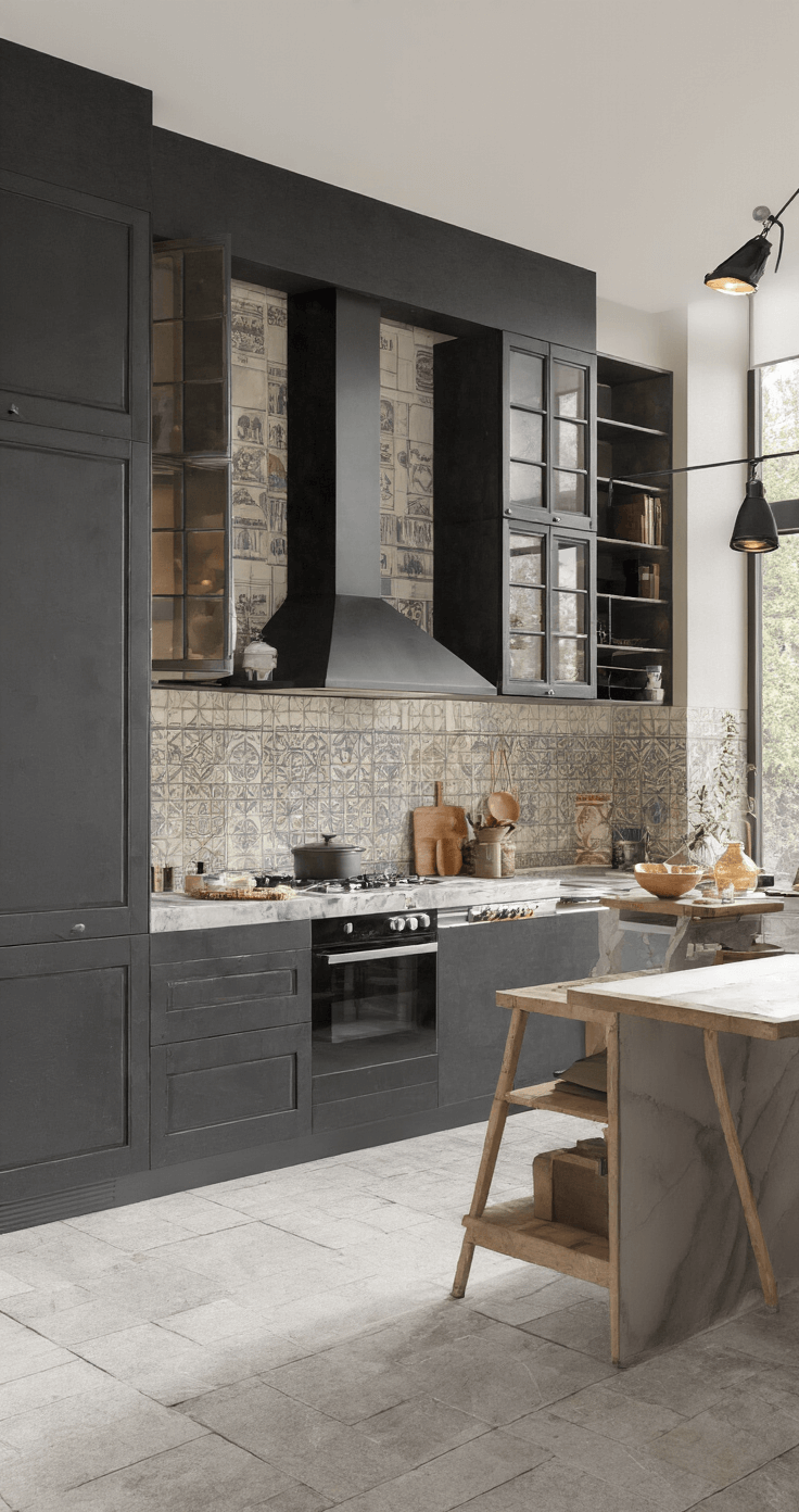 Moderne keuken van 5x4m in ochtendlicht met marmeren werkblad en mat zwarte fronten, wandhoge kasten met glazen deuren, kookeiland met ontbijtbar, mediterrane tegels als achterwand, dynamische compositie vanuit 45 graden, spotverlichting op werkzones, industriële en warme styling.