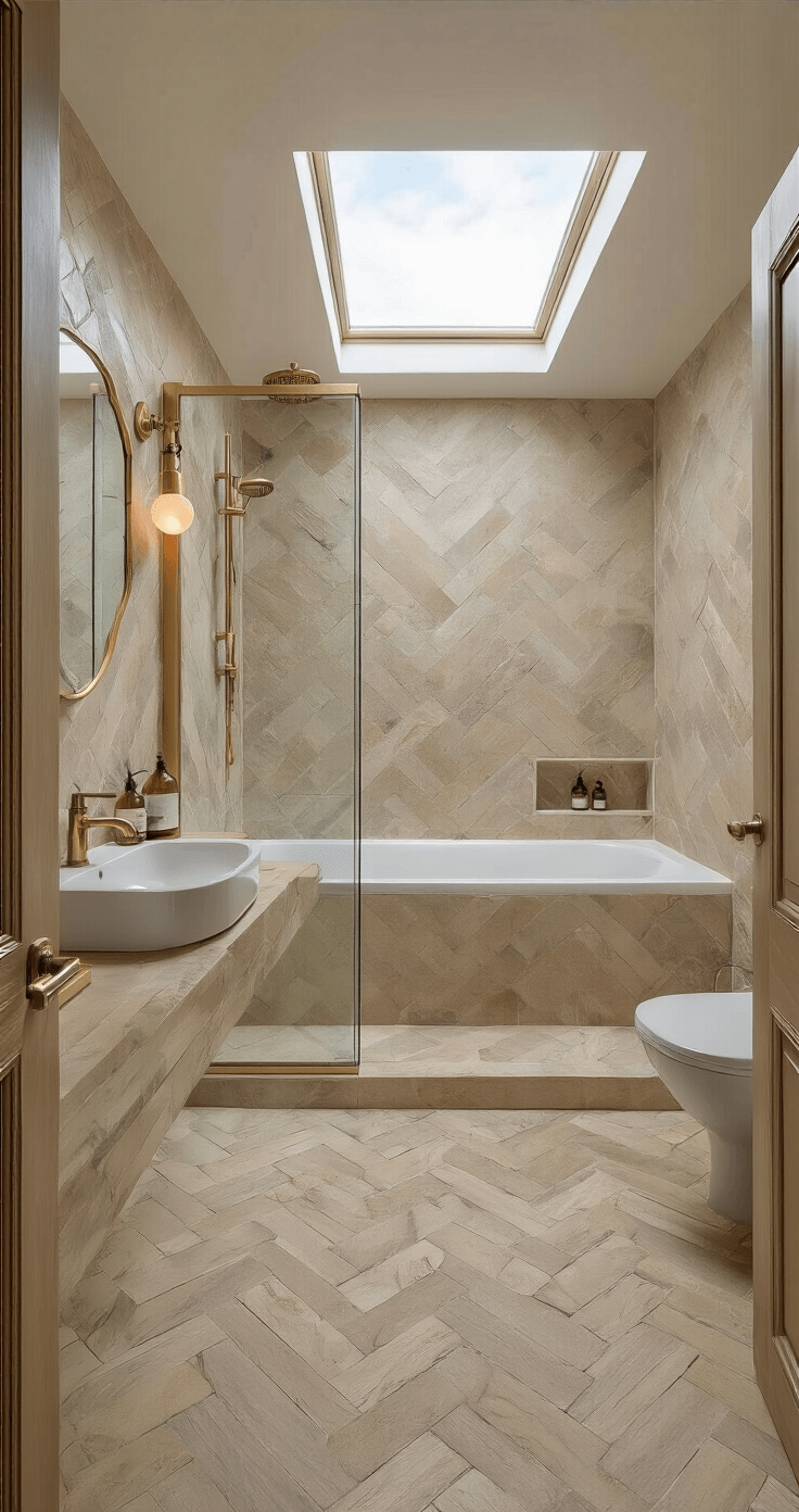 Ruime badkamer met natuurstenen tegels in visgraatmotief, vrijstaand ovaal bad onder dakraam, inloopdouche met glazen wand en geborsteld messing details, dubbele wastafel in terrazzo, sfeervolle verlichting en spa-achtige styling in ecru en sage tinten.